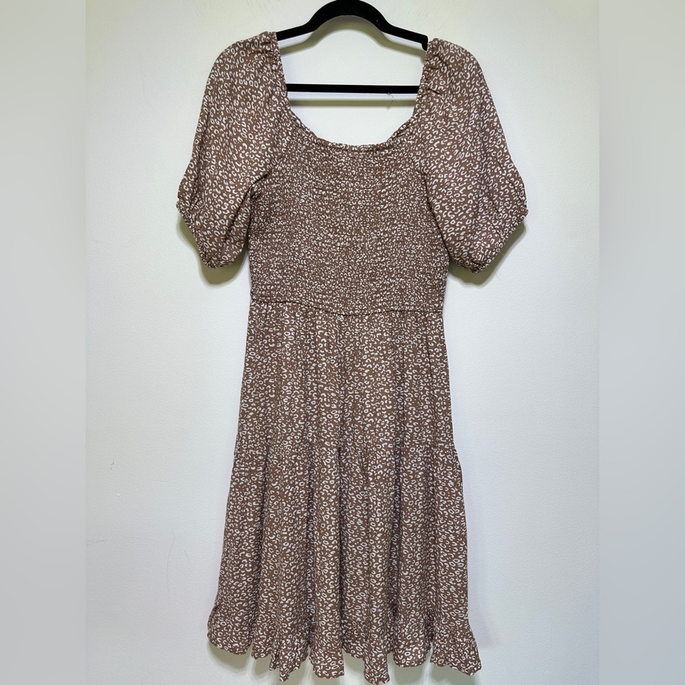 Japna | Brown Ditsy Print Tiered Midi Dress | Puff Sleeve Boho Style | Size M